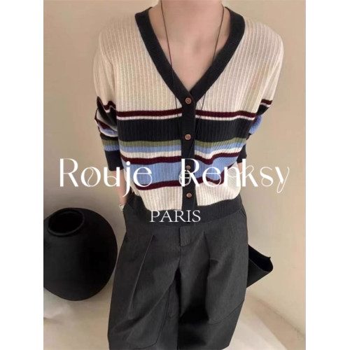 法國rouje renksy針織開衫V領條紋撞色軟糯羊絨打底衫女春季百搭