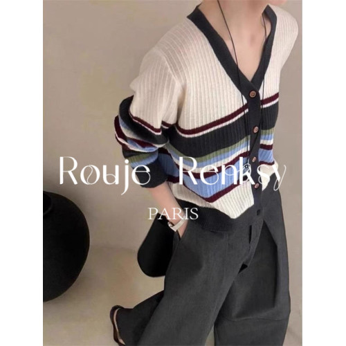 法國rouje renksy針織開衫V領條紋撞色軟糯羊絨打底衫女春季百搭