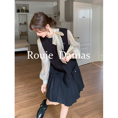 Rouje Damas 輕熟氣質波點打底衫內搭黑色百褶背心裙兩件套連衣裙