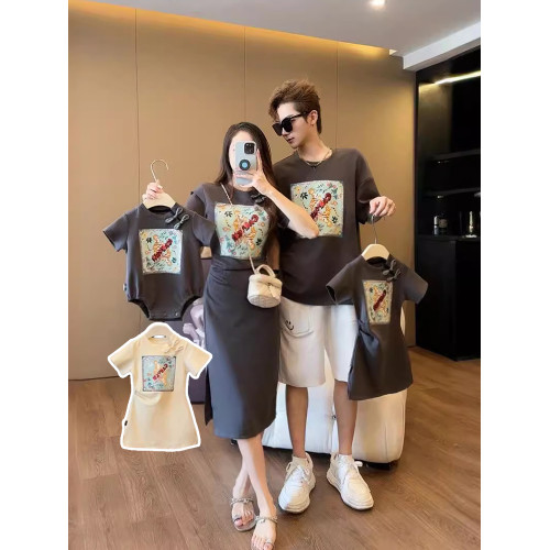 周嵗禮服親子裝一家三口風短袖母子母女國風新中式連衣裙旗袍