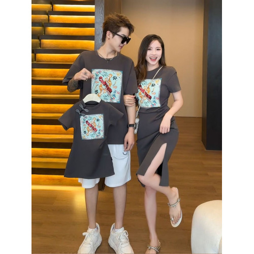 周嵗禮服親子裝一家三口風短袖母子母女國風新中式連衣裙旗袍