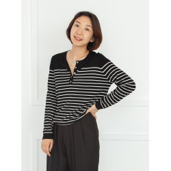 三吋時光3507經典條紋針織衫 黑白套頭圓領羊毛打底衫女春秋長袖
