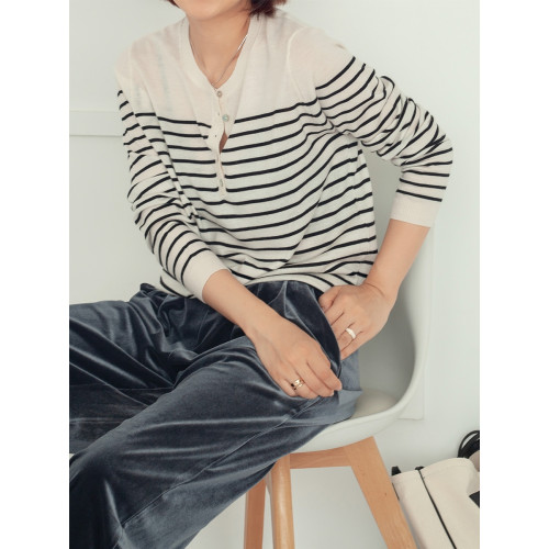 三吋時光3507經典條紋針織衫 黑白套頭圓領羊毛打底衫女春秋長袖