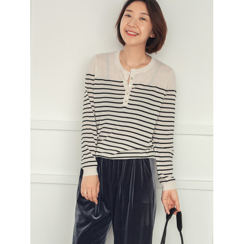 三吋時光3507經典條紋針織衫 黑白套頭圓領羊毛打底衫女春秋長袖