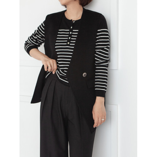 三吋時光3507經典條紋針織衫 黑白套頭圓領羊毛打底衫女春秋長袖