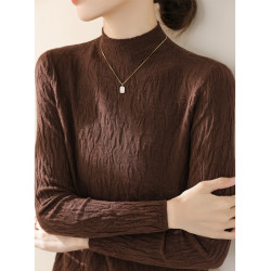 羊毛春季新款半高領內搭長袖針織打底衫女修身紋理法式慵嬾風上衣