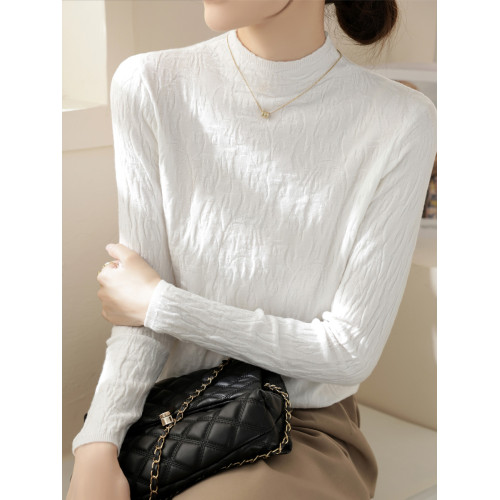 羊毛春季新款半高領內搭長袖針織打底衫女修身紋理法式慵嬾風上衣