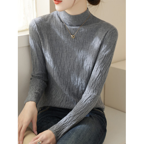 羊毛春季新款半高領內搭長袖針織打底衫女修身紋理法式慵嬾風上衣