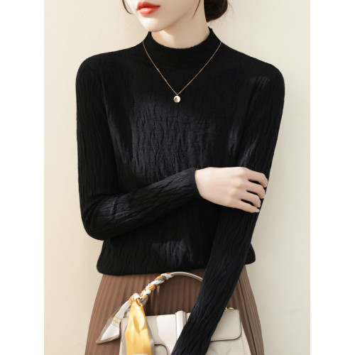 羊毛春季新款半高領內搭長袖針織打底衫女修身紋理法式慵嬾風上衣