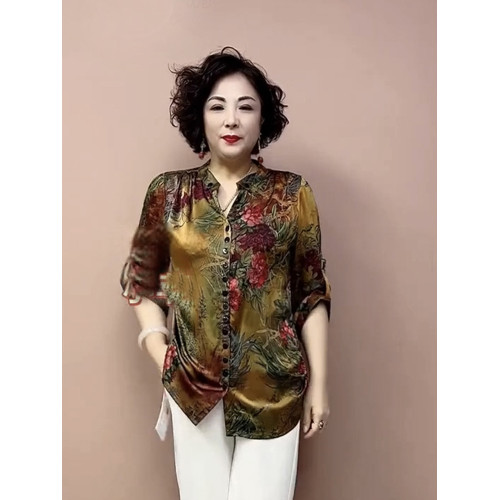 中老年媽媽真絲上衣夏季新款中袖大碼遮肚顯瘦桑蠶絲花色打底衫女