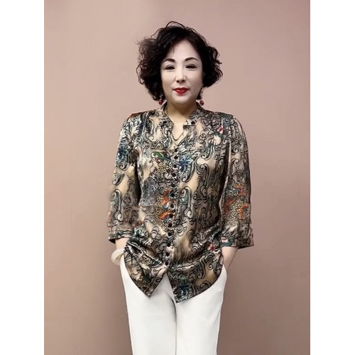 中老年媽媽真絲上衣夏季新款中袖大碼遮肚顯瘦桑蠶絲花色打底衫女