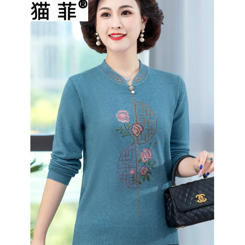 春秋中年媽媽洋氣毛衣旗袍領上衣中老年女裝長袖針織小衫打底衫