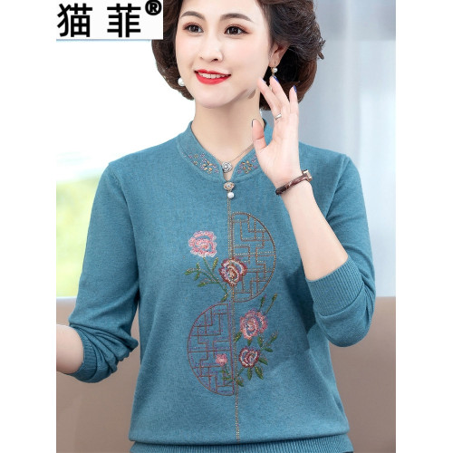春秋中年媽媽洋氣毛衣旗袍領上衣中老年女裝長袖針織小衫打底衫