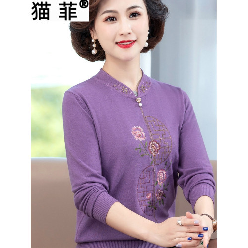 春秋中年媽媽洋氣毛衣旗袍領上衣中老年女裝長袖針織小衫打底衫