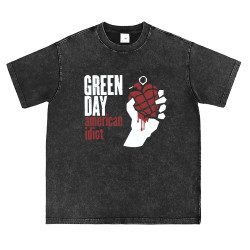 Green Day綠日樂隊水洗做舊灰復古美式街頭搖滾背心無長短袖T恤衫