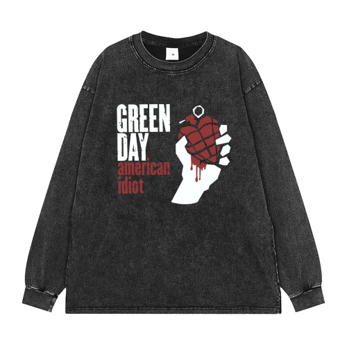Green Day綠日樂隊水洗做舊灰復古美式街頭搖滾背心無長短袖T恤衫
