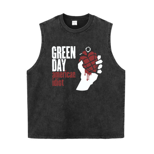 Green Day綠日樂隊水洗做舊灰復古美式街頭搖滾背心無長短袖T恤衫
