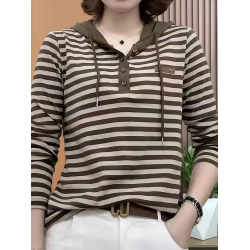 2026春季中年媽媽裝條紋衛衣女士百搭長袖打底衫洋氣顯瘦連帽上衣