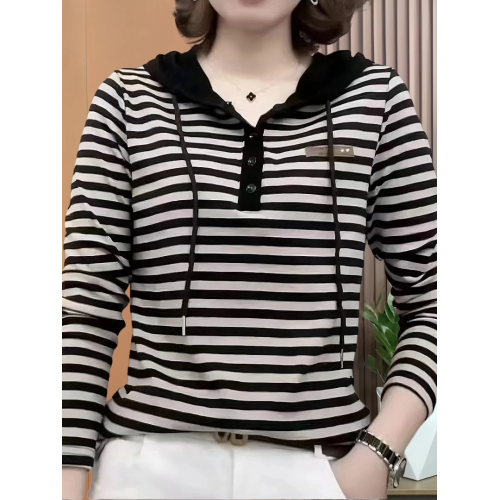 2026春季中年媽媽裝條紋衛衣女士百搭長袖打底衫洋氣顯瘦連帽上衣
