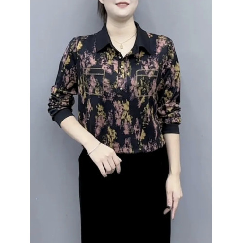 女秋季新款印花翻領減齡打底衫中年媽媽裝氣質百搭寬松長袖上衣