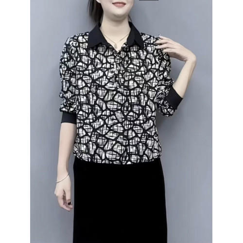 女秋季新款印花翻領減齡打底衫中年媽媽裝氣質百搭寬松長袖上衣