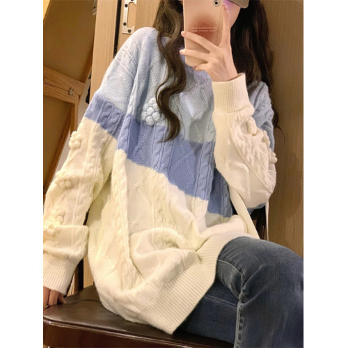 麻花毛衣女秋冬季加絨加厚高中初中學生大童寬松慵懶風針織打底衫
