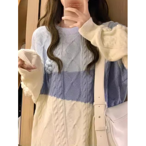 麻花毛衣女秋冬季加絨加厚高中初中學生大童寬松慵懶風針織打底衫