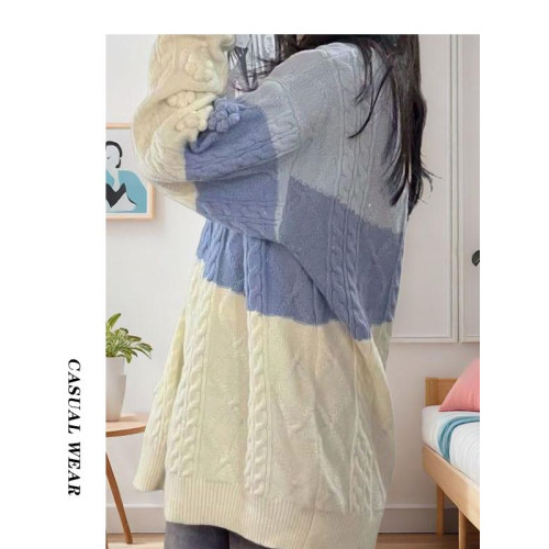 麻花毛衣女秋冬季寬松高中初中學生大童15嵗13加絨加厚針織打底衫