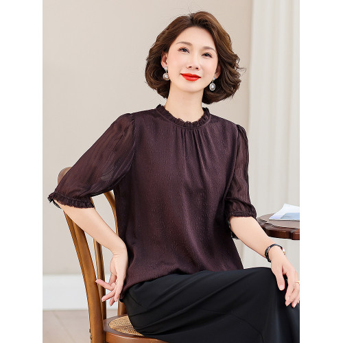 齊黛品牌香雲紗上衣女2025春夏新款五分袖立領純色打底衫真絲襯衫