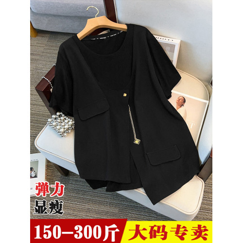 假兩件特大碼短袖打底衫女200斤2025新款胖mm顯瘦黑色襯衫上衣300