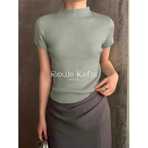 ROUJE KEFSS法式半高領薄款短袖針織衫女夏季修身打底衫正肩上衣