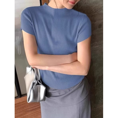 ROUJE KEFSS法式半高領薄款短袖針織衫女夏季修身打底衫正肩上衣