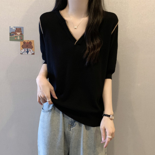 大碼女裝遮肚子冰絲短袖針織打底衫女夏季胖妹妹洋氣百搭薄款上衣