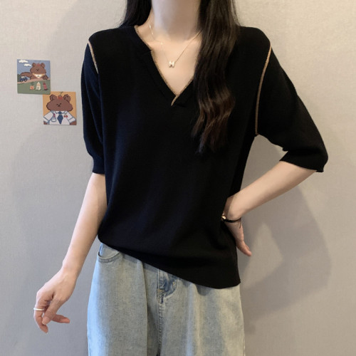 大碼女裝遮肚子冰絲短袖針織打底衫女夏季胖妹妹洋氣百搭薄款上衣