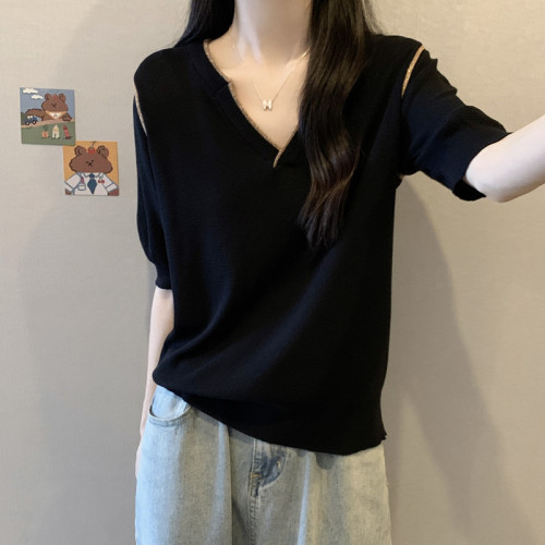 大碼女裝遮肚子冰絲短袖針織打底衫女夏季胖妹妹洋氣百搭薄款上衣