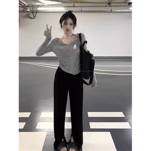 KENGDL早春2024年致灰感feel木耳邊v領打底衫女輕薄修身顯瘦上衣