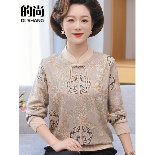 中年媽媽秋裝新款上衣國風寬松毛衣中老年人女春秋減齡打底衫套裝