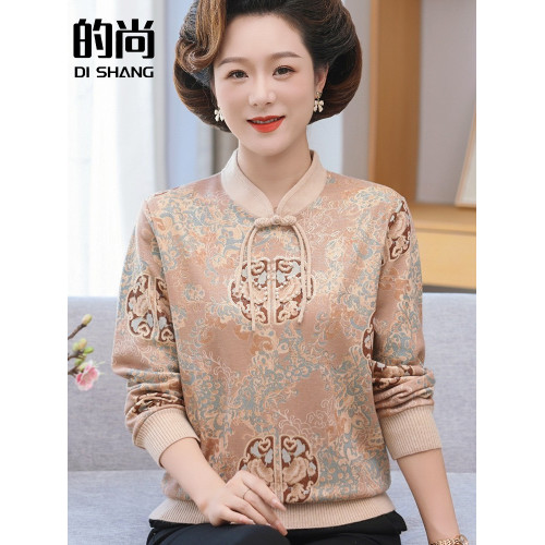 中年媽媽秋裝新款上衣國風寬松毛衣中老年人女春秋減齡打底衫套裝