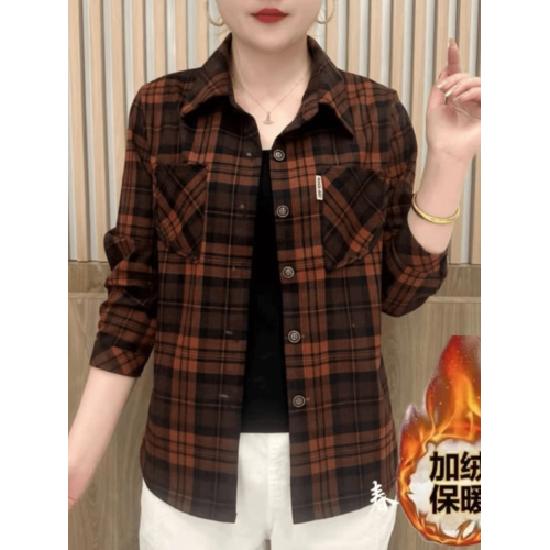 洋氣媽媽裝格子襯衫女秋季打底衫2025年新款女士繙領長袖減齡上衣