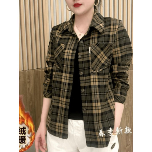 洋氣媽媽裝格子襯衫女秋季打底衫2025年新款女士翻領長袖減齡上衣