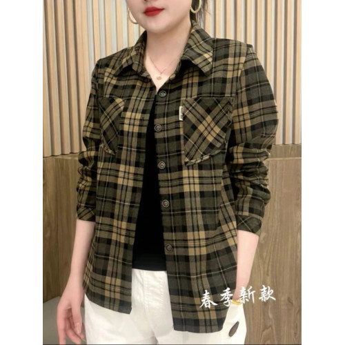 洋氣媽媽裝格子襯衫女秋季打底衫2025年新款女士繙領長袖減齡上衣