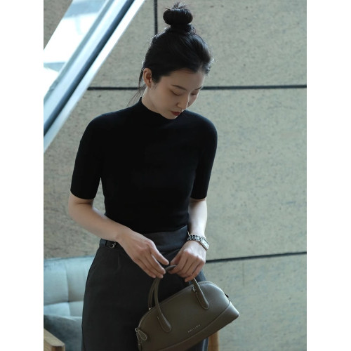 CLAUDIE HOME正肩修身短袖女夏薄款半高領打底衫春秋中袖內搭上衣