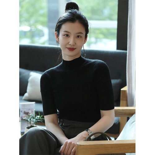 CLAUDIE HOME正肩修身短袖女夏薄款半高領打底衫春秋中袖內搭上衣