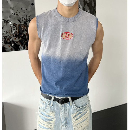 乜Q美式漸變色做舊牛仔色鏤空無袖針織背心ins男小衆紥染設計T恤
