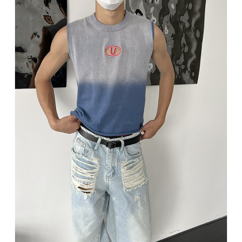 乜Q美式漸變色做舊牛仔色鏤空無袖針織背心ins男小衆紥染設計T恤