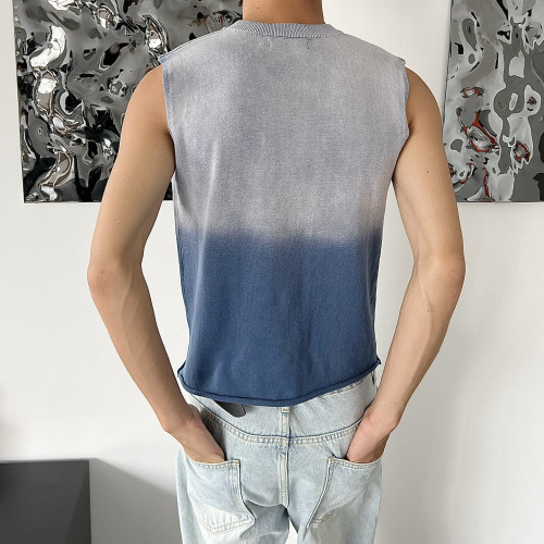 乜Q美式漸變色做舊牛仔色鏤空無袖針織背心ins男小衆紥染設計T恤