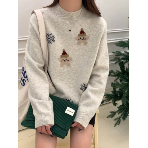 初中學生卡通小貓半高領毛衣少女甜美韓系針織內搭上衣大童打底衫
