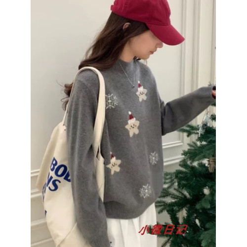 初中學生卡通小貓半高領毛衣少女甜美韓系針織內搭上衣大童打底衫