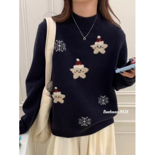 初中學生卡通小貓半高領毛衣少女甜美韓系針織內搭上衣大童打底衫