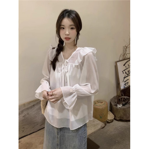 韓系溫柔荷葉邊系帶襯衫女早春夏法式別致甜美設計小衆雪紡衫上衣